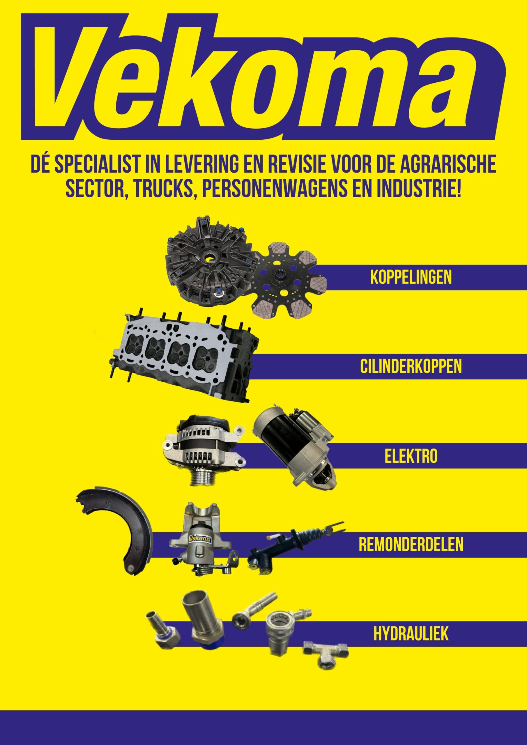 Bij vekoma hebben wij een ruime voorraad in koppelingen, remonderdelen, hydraulieksslangen en koppelingen, startmotoren en dynamo's. Ook reviseren bovengenoemde onderdelen en cilinderkoppen.
